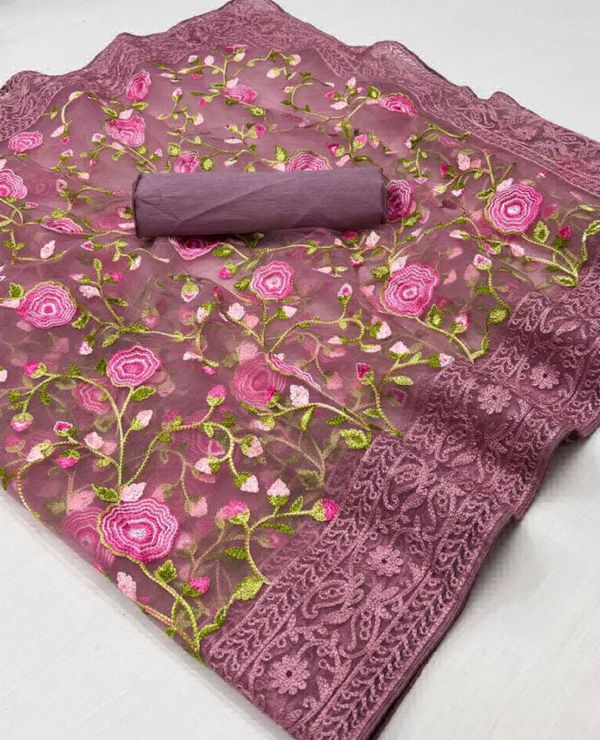 Embroidery Work Net Fabric Saree - Brown