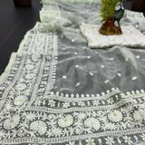Embroidery Work Organza Saree - Snowy Mint