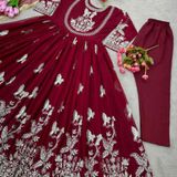 Embroidery Work Gown With Dupatta  - Bright Red, XL
