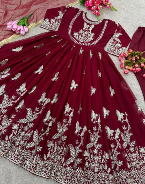 Embroidery Work Gown With Dupatta  - Bright Red, XXL