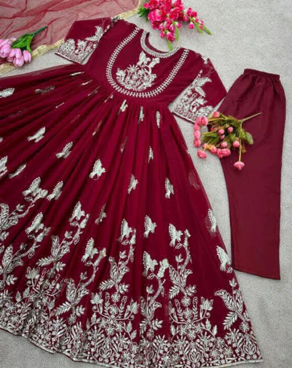 Embroidery Work Gown With Dupatta  - Bright Red, XXL