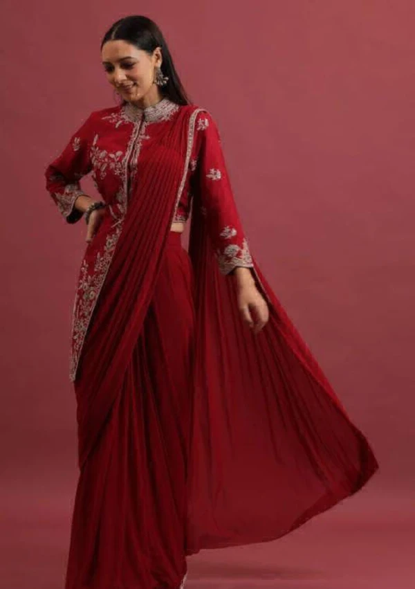 Ready To Wear Saree With Koti  - Red, Free Up To 42