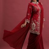 Ready To Wear Saree With Koti  - Red, Free Up To 42