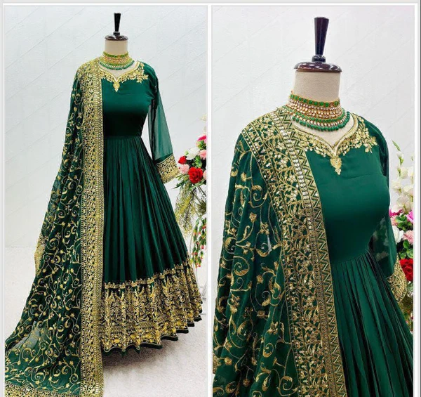 Beautiful Embroidery Work Gown  - Green, L