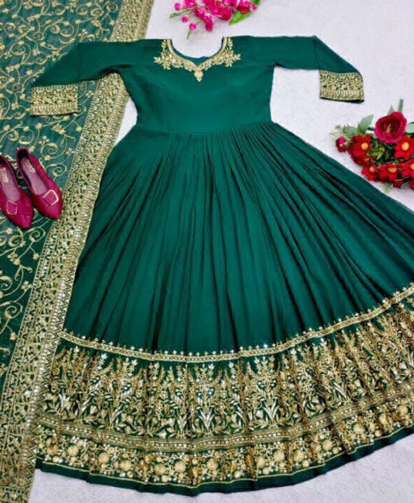 Beautiful Embroidery Work Gown  - Green, L