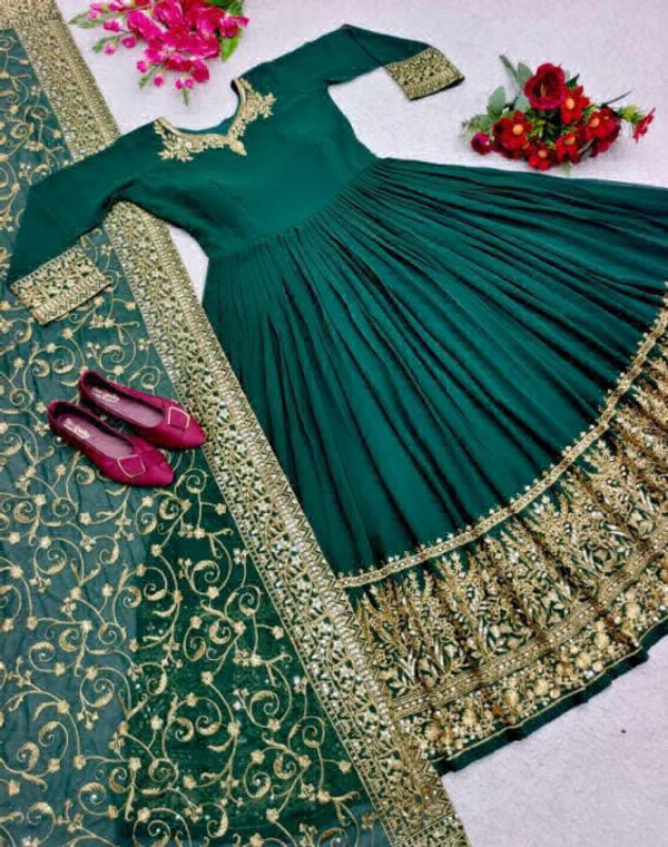 Beautiful Embroidery Work Gown  - Green, XL