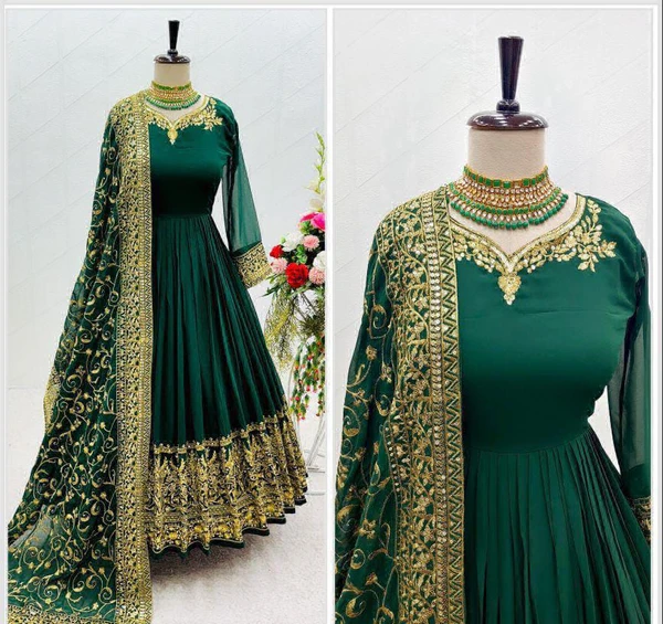 Beautiful Embroidery Work Gown  - Green, XL