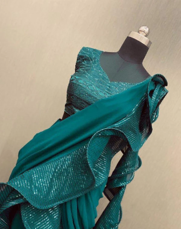 Ruffle Lehanga Saree  - Teal