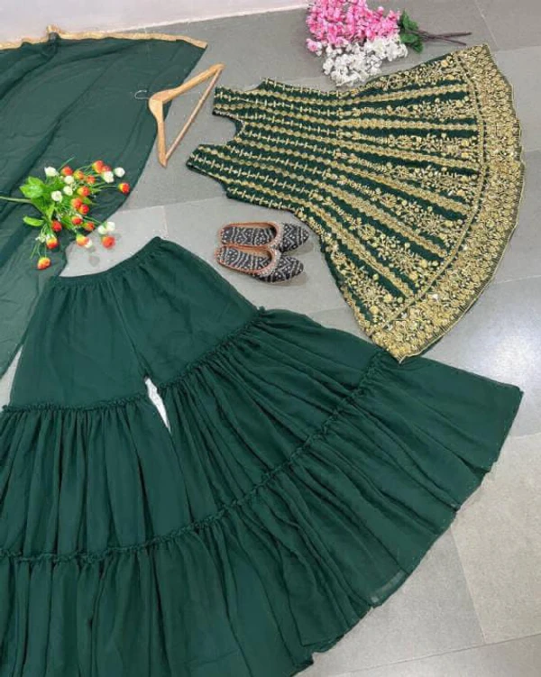 Party Wear Sharara Set  - Green, Free Size Up To 42