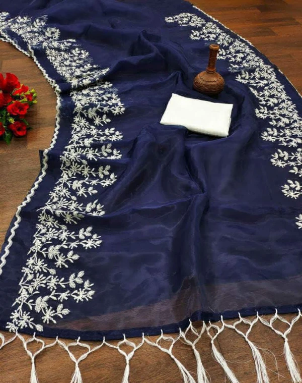 Organza Saree Embroidery Work  - Blue