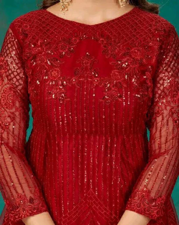 Net Embroidery Suit Material  - Red
