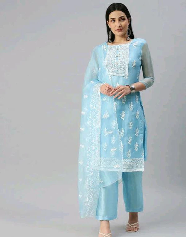 Beautiful Embroidery Work Organza Suit Fabric  - Aqua blue