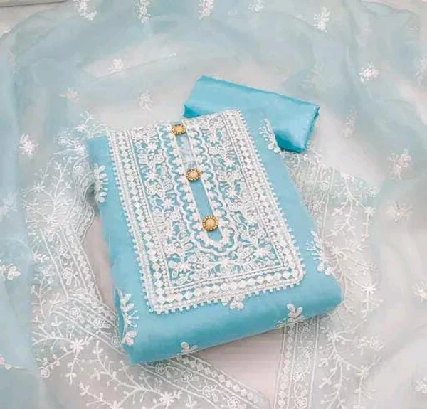 Beautiful Embroidery Work Organza Suit Fabric  - Aqua blue