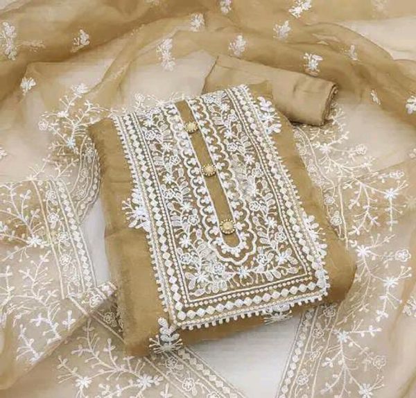 Beautiful Embroidery Work Organza Suit Fabric  - Gold