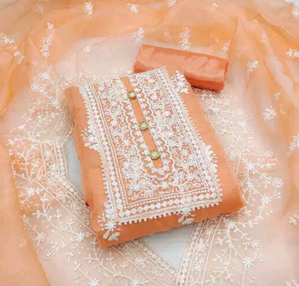 Beautiful Embroidery Work Organza Suit Fabric  - orange