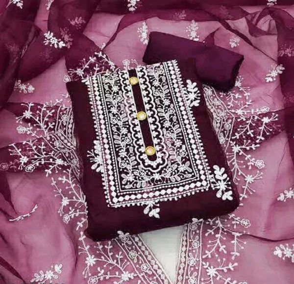 Beautiful Embroidery Work Organza Suit Fabric  - Maroon