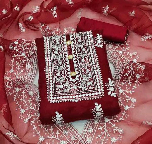 Beautiful Embroidery Work Organza Suit Fabric  - Red