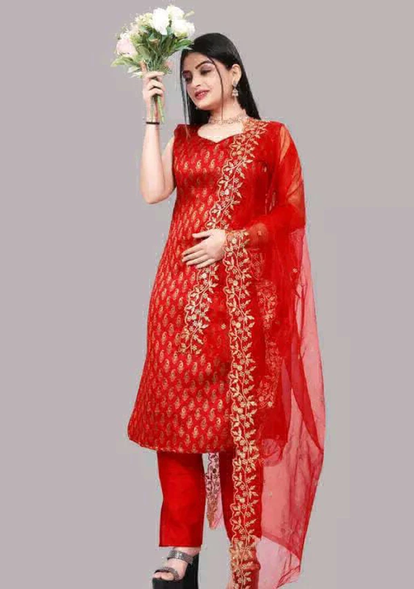 Beautiful Banarai Silk Suit Fabric  - Red