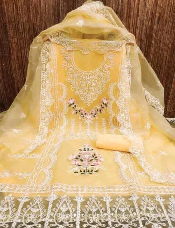 Beautiful Organza Embroidery Suit Material  - Yellow