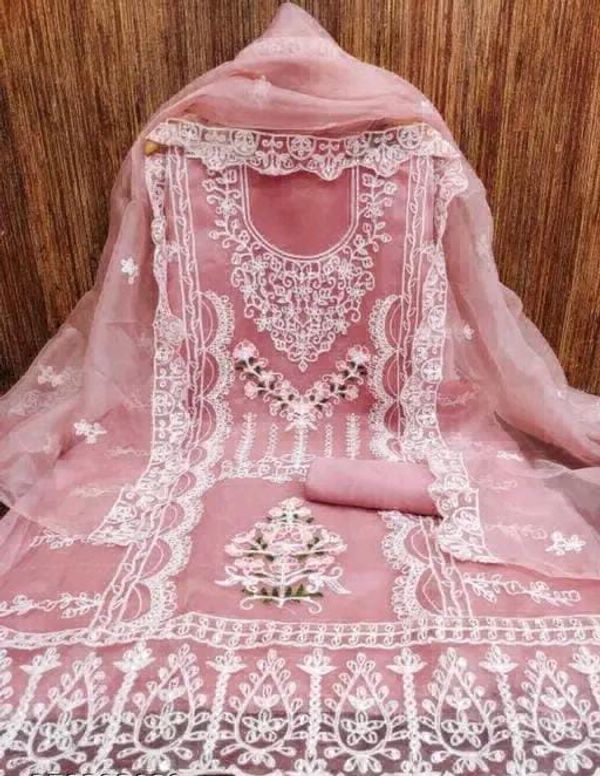 Beautiful Organza Embroidery Suit Material  - Pink Lace