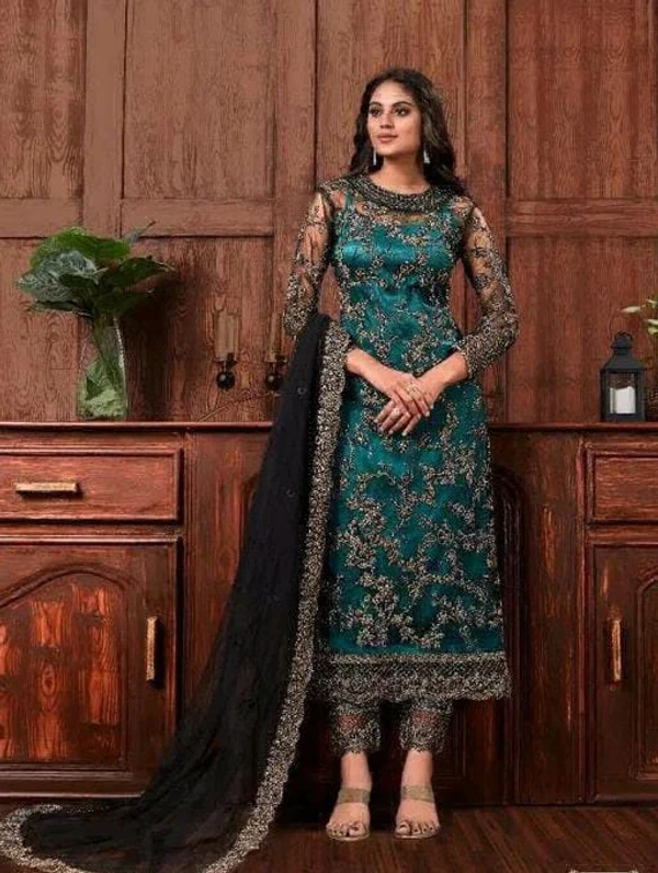 Beautiful Embroidery Work Party Wear Suit Semi Stitched  - Blue, Up To 44 Free Size