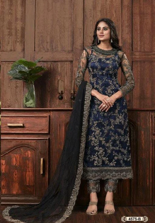 Beautiful Embroidery Work Party Wear Suit Semi Stitched  - Blue, Up To 44 Free Size