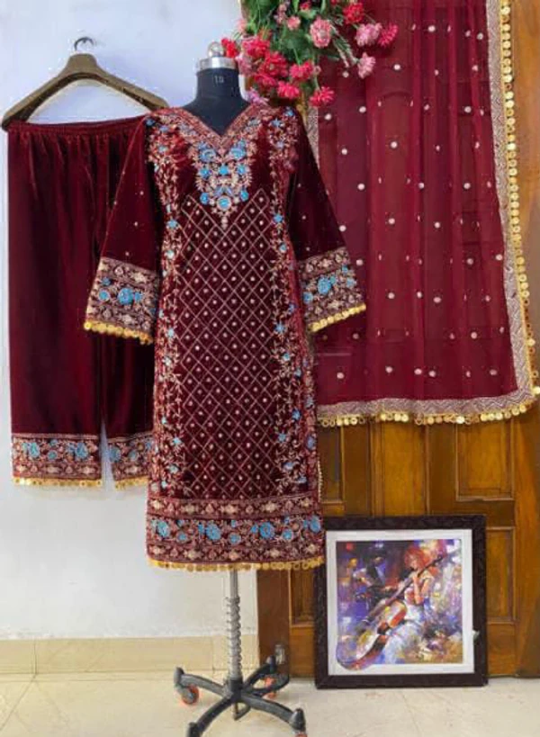 Party Wear Embroidery Work Valvet Fabric Suit - Maroon, Free Size Up To 44