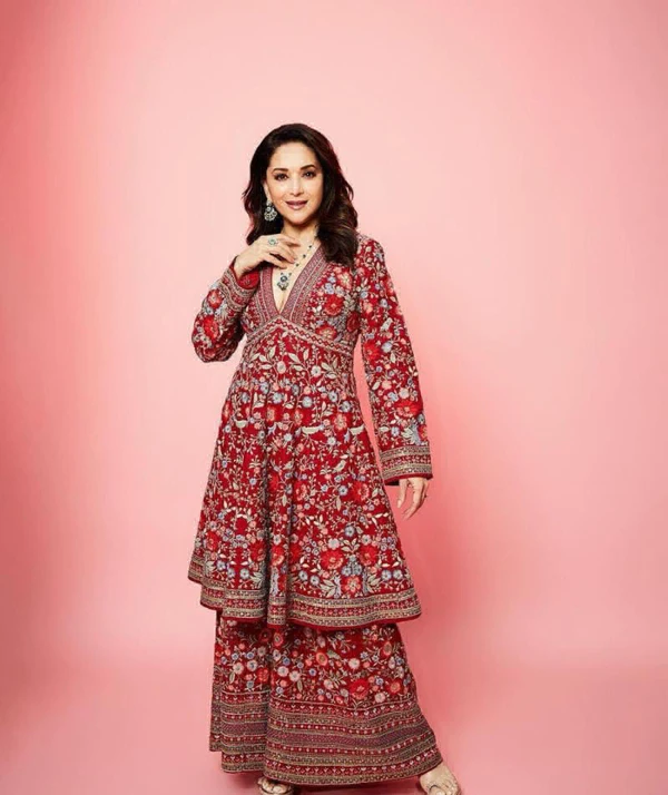 Madhuri Dixit Plazoo Suit - Free Size Up To 44 Xxl, Bright Red