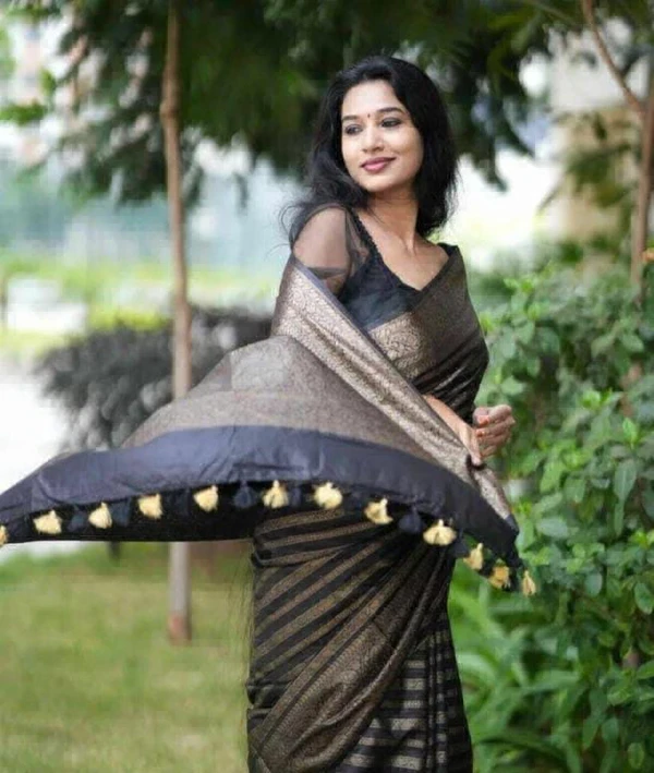 Beautiful Lechi Silk Saree - Black