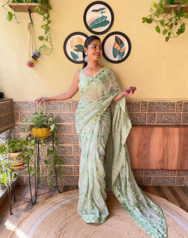 Beautiful Sequence Saree  - mint green