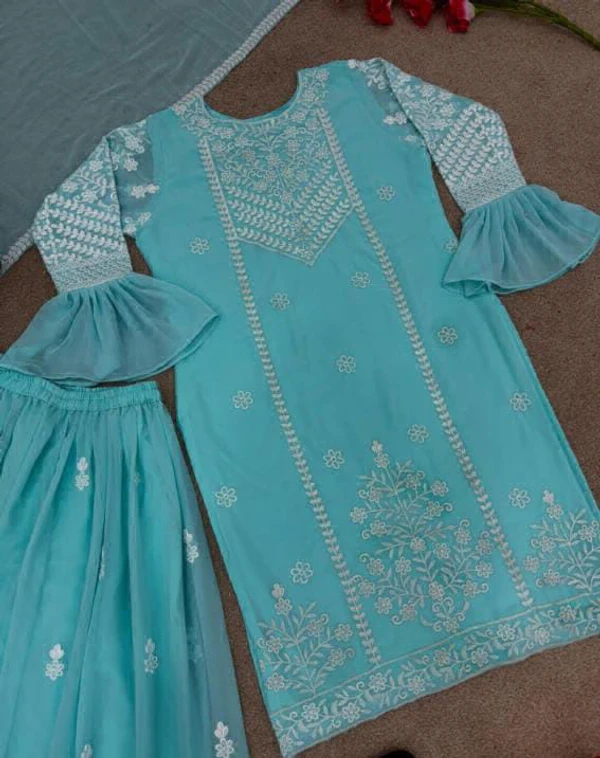 Embroidery Work Plazoo Set  - Aqua blue, L