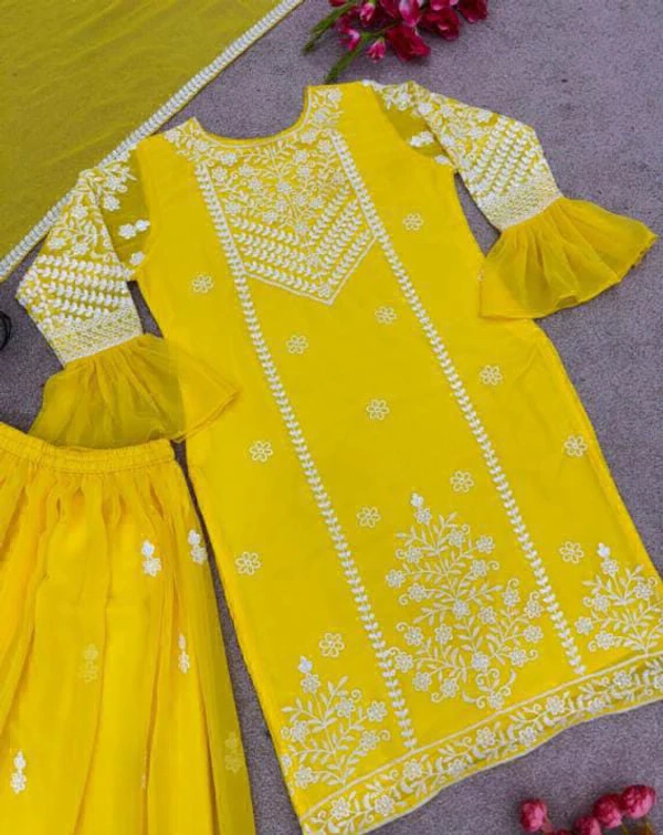 Embroidery Work Plazoo Set  - Yellow, Xl