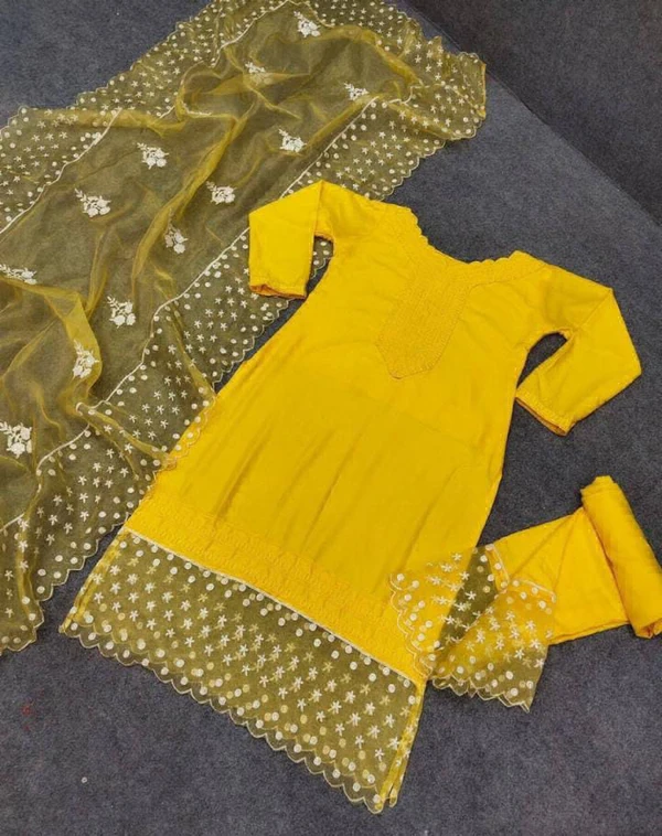 JAM COTTON KURTI PANT DUPATTA SET  - Yellow, M