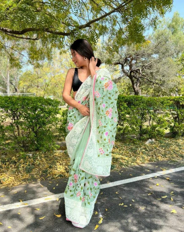 Beautiful Organza Fabric Tread Jali Embroidery Work Saree  - Green