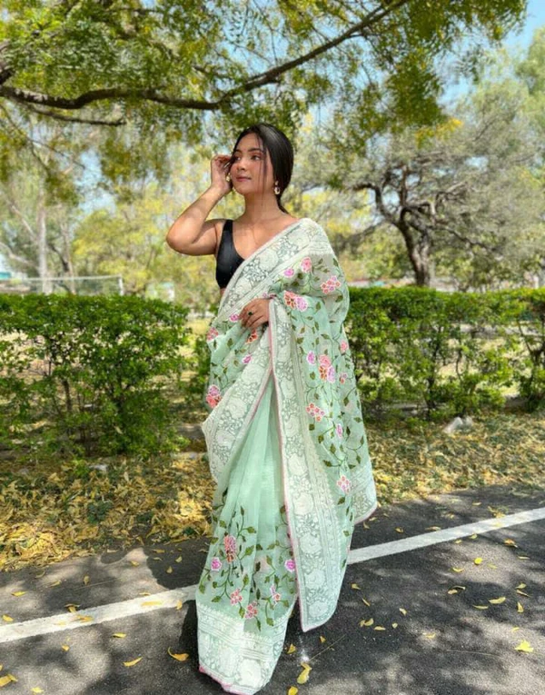 Beautiful Organza Fabric Tread Jali Embroidery Work Saree  - Green