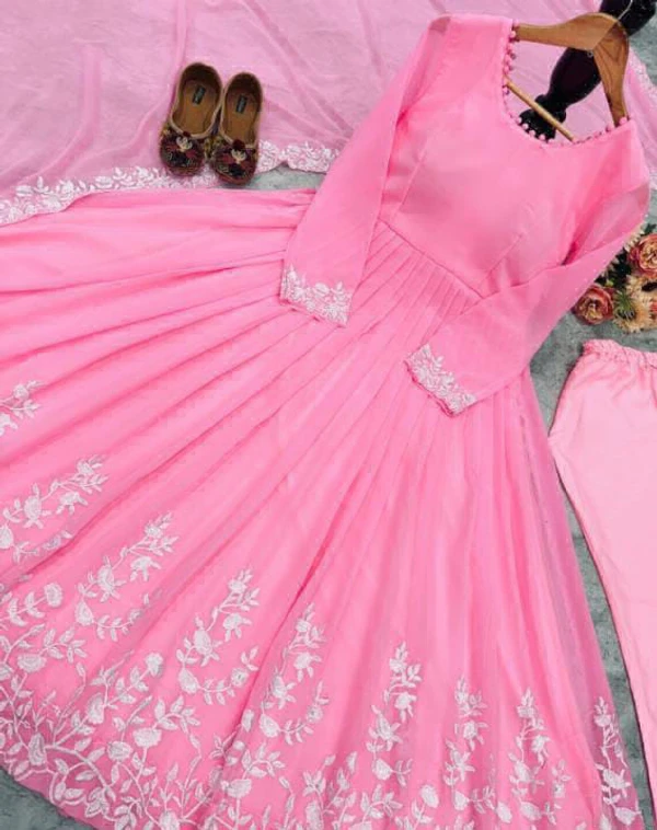 Party Wear Gown With Dupatta  - Pink Lace, M