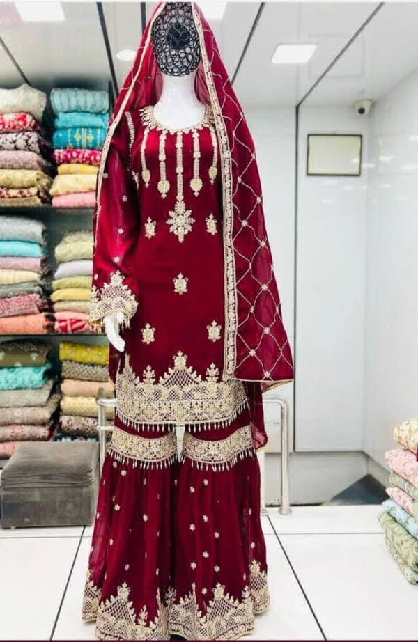 Embroidery And Sequence Work Sharara  - Maroon, Free Size Up To 42