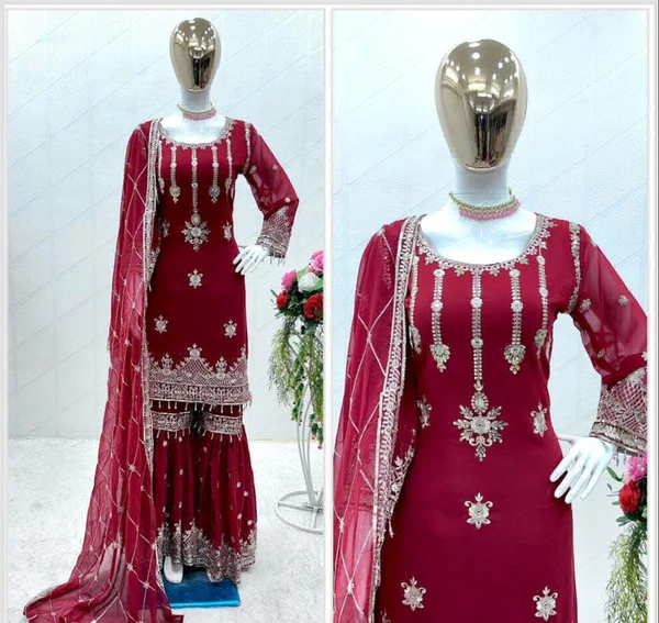 Embroidery And Sequence Work Sharara  - Maroon, Free Size Up To 42
