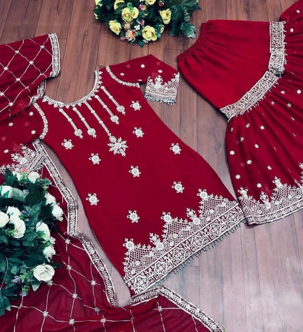 Embroidery And Sequence Work Sharara  - Maroon, Free Size Up To 42