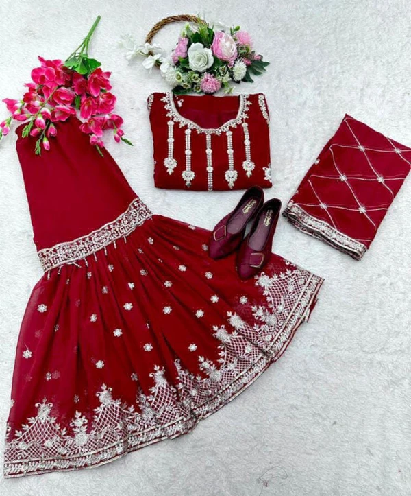 Embroidery And Sequence Work Sharara  - Maroon, Free Size Up To 42