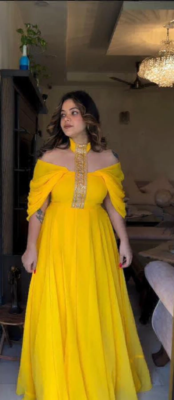 Party Wear Designer Gown - Yellow, XL