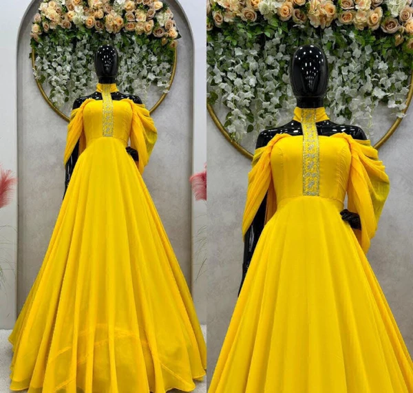 Party Wear Designer Gown - Yellow, XL