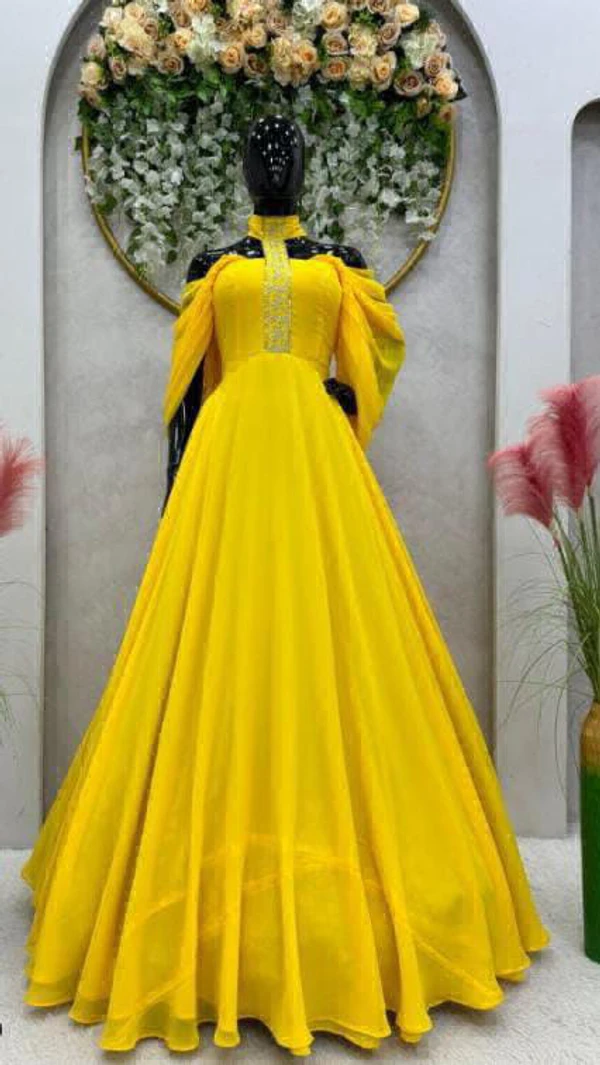 Party Wear Designer Gown - Yellow, XL