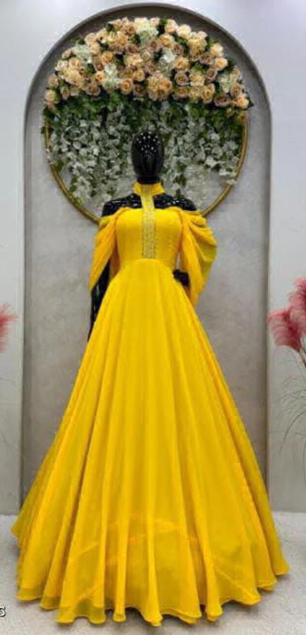 Party Wear Designer Gown - Yellow, XL