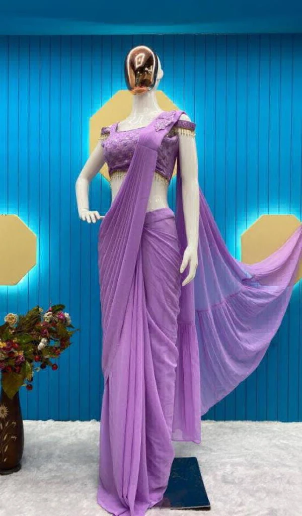 Ready To Wear Saree With Stitch Blouse  - Purple Pizzazz
