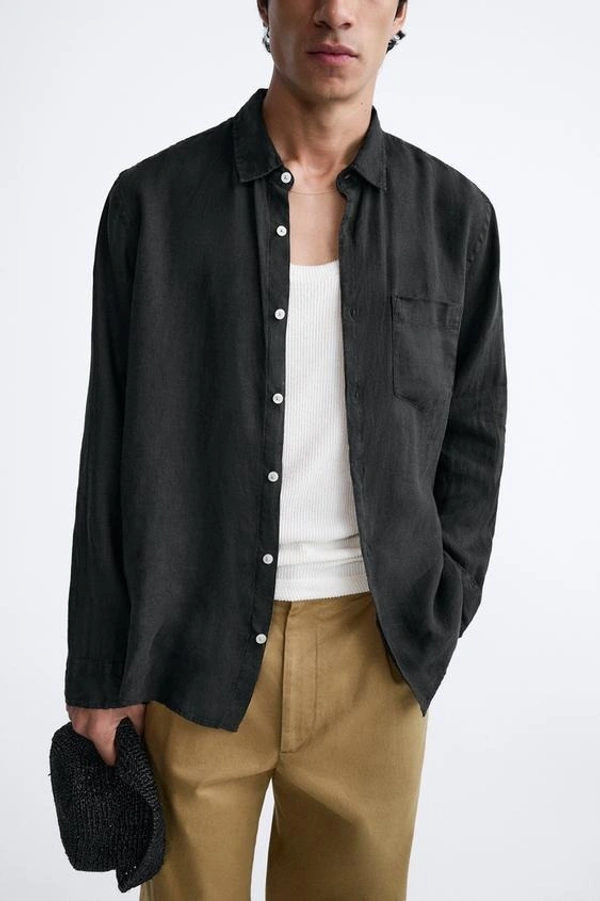 100% BLACK LINEN SHIRT - S
