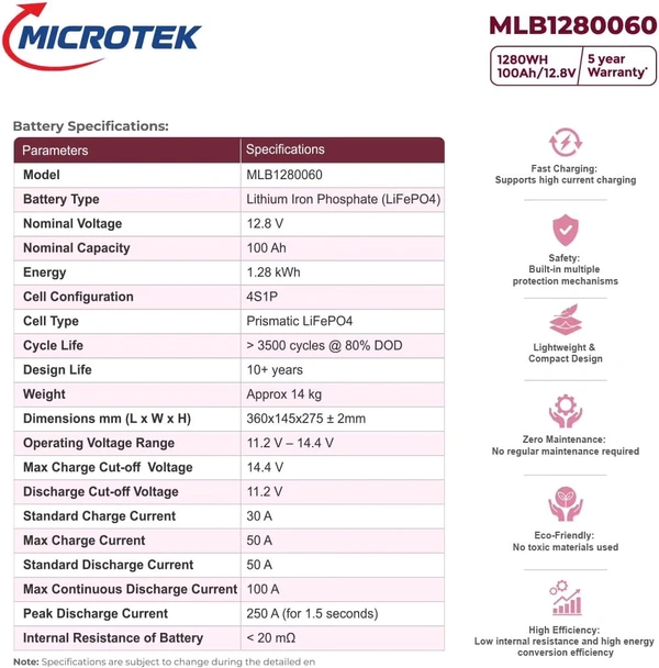 Microtek 12.8V 100AH 1280Wh Lithium PO4 Battery 5 Years Warranty