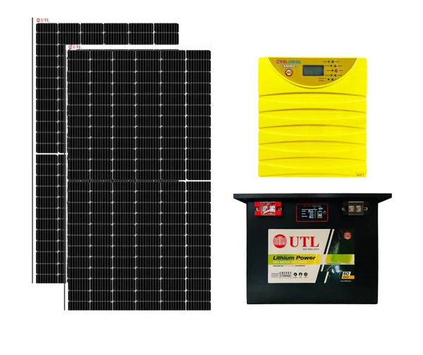 UTL Solar Power Generating System (590W Topcon Bifacial Solar Panel - 2 No., Gamma Plus 3400 Li-ion 3KVA 24V MPPT Solar Lithium PCU, UTL 25.6V 100AH Lithium PO4 Battery