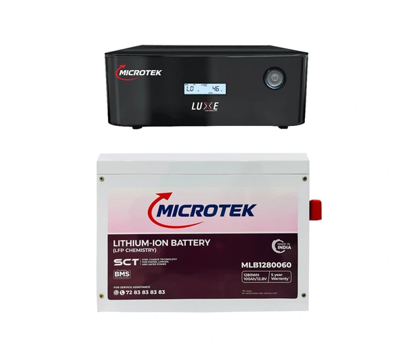 Microtek 12.8V 100Ah Lithium PO4 Battery With Luxe 1000 800VA 12V Sinewave Lithium Home UPS 
