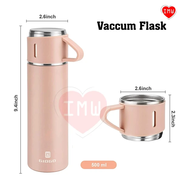 Vacuum Flask Bottle with Cups | 500 ml | 12 hrs Hot and Cold - Pink Flare